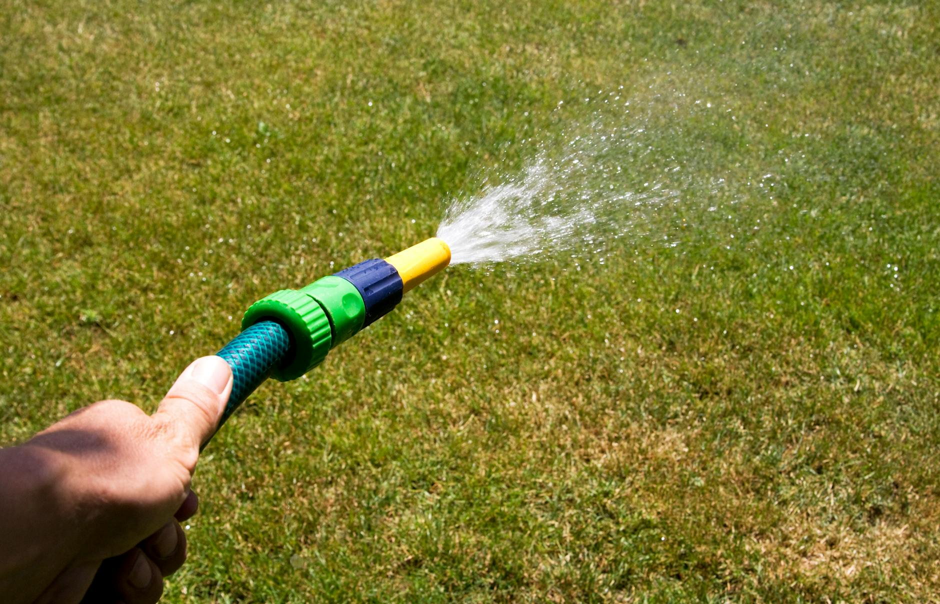 Close-up of a garden hose spraying water on grass, illustrating lawn care during a sunny day.